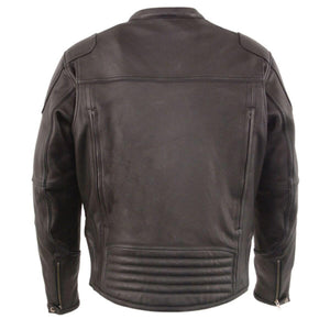 Back view of a black leather motorcycle jacket with quilted lower back panel and zippered vents