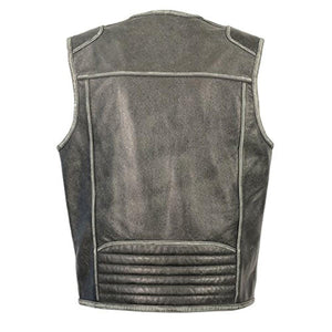 Back view of a Milwaukee Leather distressed black leather vest with quilted lower back panel