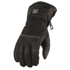 Black heated motorcycle glove with zippered battery compartment and power button