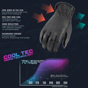 Milwaukee Leather black motorcycle glove with Cool Tec sun reflective technology chart