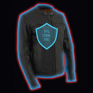 Milwaukee Leather black motorcycle jacket with TFL Cool Tec shield graphic