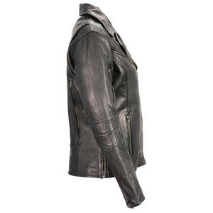 Side view of a black Milwaukee Leather motorcycle jacket with zippered pockets and reinforced elbow panels