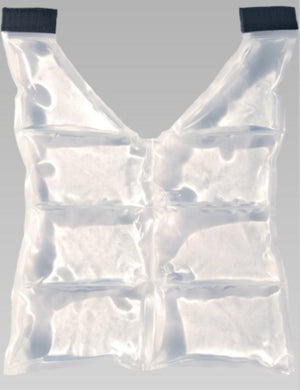 Clear plastic ice pack vest with six gel compartments and two black shoulder straps
