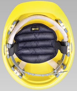 Black padded hard hat suspension liner inside a yellow hard hat