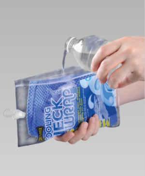 Hand pouring water into a Miracool cooling neck wrap packaging