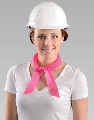 Woman wearing a white hard hat and a pink Miracool cooling neck wrap