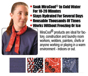 Woman wearing a red MiraCool cooling neck bandana with product usage instructions and pattern options