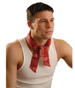 Man wearing a red Miracool cooling bandana around his neck