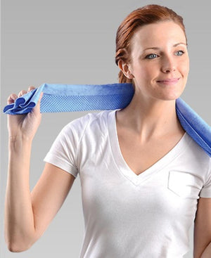 Woman wearing a blue Miracool cooling towel around her neck