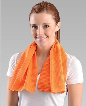 Woman wearing an orange Miracool cooling towel around her neck