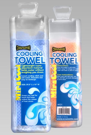 Two Miracool cooling towels in clear plastic packaging with product information and instructions