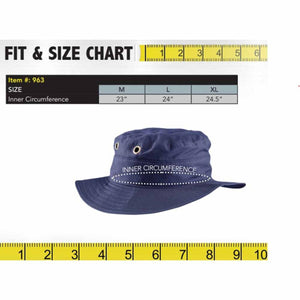 Size chart for navy bucket hat showing inner circumference measurements for sizes M L and XL