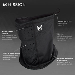 Mission black neck gaiter with adjustable drawcord and UPF 50 sun protection features