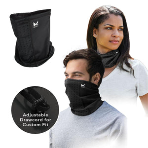 Mission black neck gaiter worn by a man and woman with a close up of the adjustable drawcord