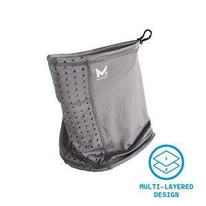 Mission grey neck gaiter with perforated side panel and multi-layered design icon