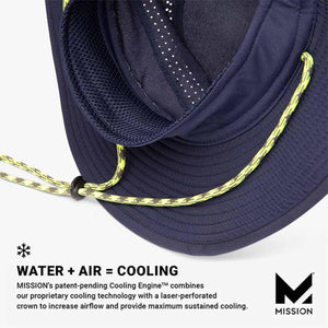 Mission navy blue bucket hat with yellow drawstring and perforated crown for ventilation
