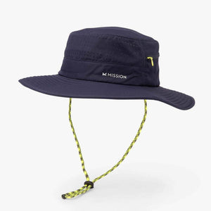 Navy Mission bucket hat with yellow drawstring and adjustable toggle