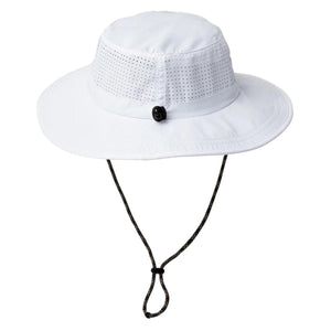 White Mission bucket hat with perforated side panels and adjustable chin strap