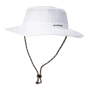 White Mission bucket hat with perforated crown and adjustable chin strap