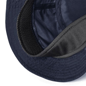 Interior view of a navy Mission bucket hat showing the mesh sweatband and fabric lining