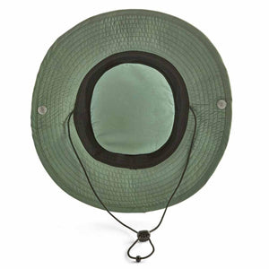 Mission olive green wide brim hat with black chin strap and toggle viewed from above