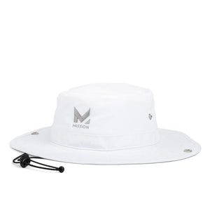 White Mission bucket hat with adjustable chin strap