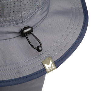 Close up of grey Mission bucket hat with adjustable toggle and logo tag
