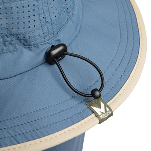 Blue Mission sun hat with adjustable drawstring and tan brim trim