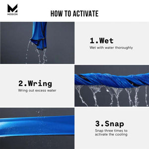 Mission cooling towel activation steps showing wet wring and snap instructions