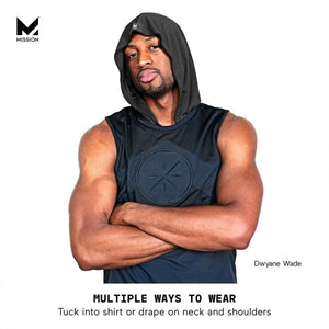 Dwyane Wade wearing a black Mission hooded sleeveless shirt with arms crossed