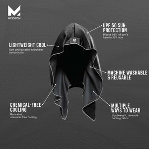 Mission cooling hood with text callouts for UPF 50 protection, chemical-free cooling, and machine washable fabric