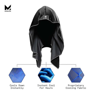 Mission cooling hood with diagrams showing instant cooling and proprietary fabric technology