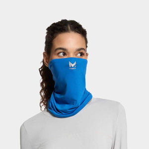 Person wearing a blue Mission neck gaiter