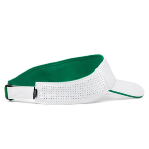 White and green Mission athletic visor with perforated side panels and adjustable strap