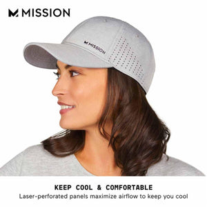 Woman wearing a light grey Mission baseball cap with laser perforated side panels