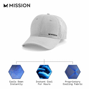 Mission light grey cooling baseball cap with side ventilation and fabric technology diagrams