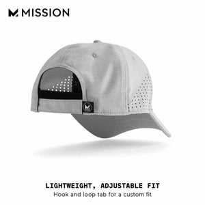 Back view of a grey Mission baseball cap with adjustable hook and loop strap and perforated side panels
