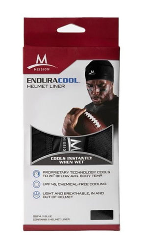 Mission Enduracool helmet liner packaging showing product features and athlete wearing the liner
