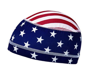Cycling skull cap with American flag pattern featuring white stars on blue and red and white stripes