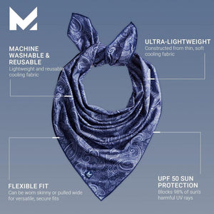Mission blue paisley cooling bandana with text callouts highlighting machine washable fabric and UPF 50 sun protection