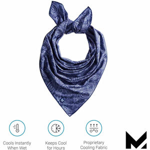 Mission blue paisley cooling bandana with feature icons for instant cooling and proprietary fabric