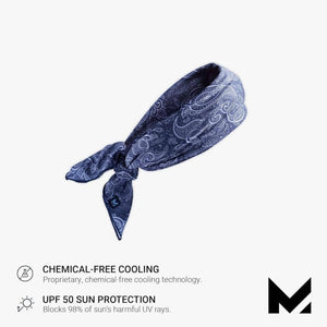 Mission blue paisley cooling bandana with UPF 50 sun protection