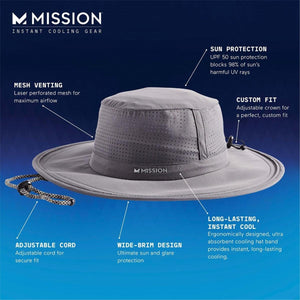Mission cooling bucket hat with labels for mesh venting, UPF 50 sun protection, adjustable cord, and cooling band