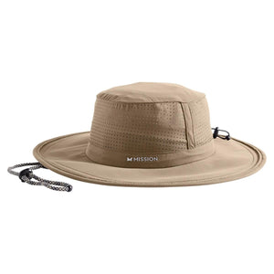 Tan Mission wide brim sun hat with perforated side panels and adjustable chin strap