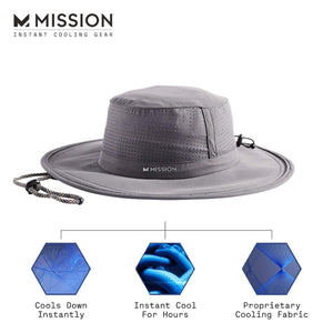Mission grey cooling bucket hat with adjustable chin strap and fabric technology diagrams