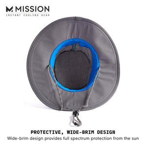 Mission wide brim cooling hat in grey with blue interior lining and adjustable chin strap