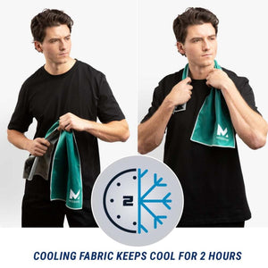 Man demonstrating Mission cooling towel usage with two hour cooling duration graphic