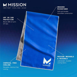 Mission blue cooling towel with labels highlighting microfiber material UPF 50 protection and reusable fabric
