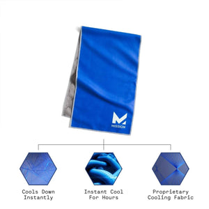 Mission blue cooling towel with three hexagonal diagrams showing cooling fabric technology