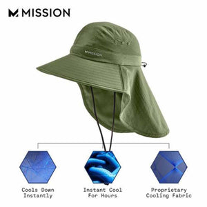 Mission olive green sun hat with neck flap and cooling technology diagrams